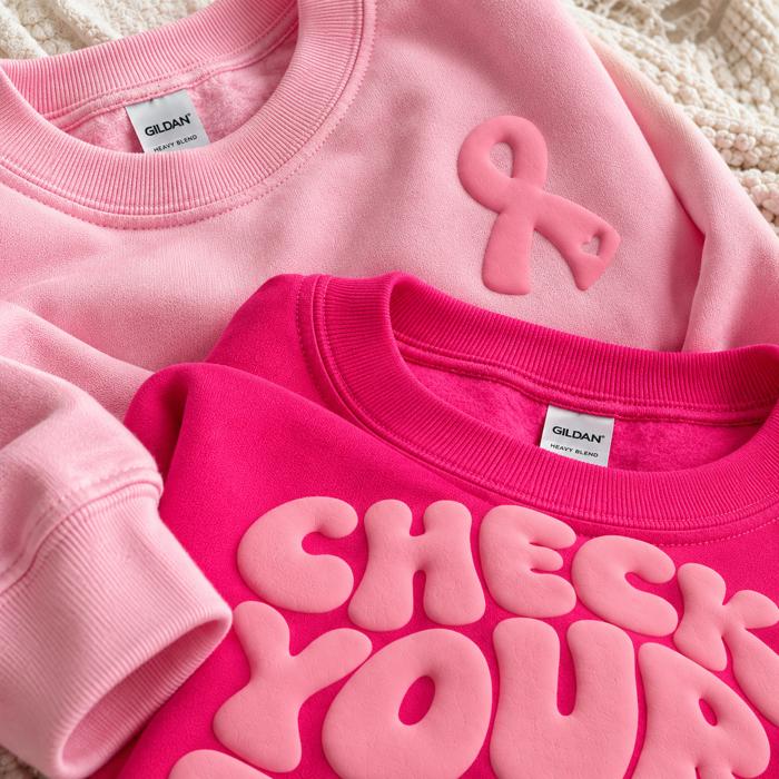 Check Yourself Pink Puff Print Crewneck Sweatshirt, Breast Cancer Ribbon Shirt, Pink October Sweatshirt, Breast Cancer Awareness Sweatshirt