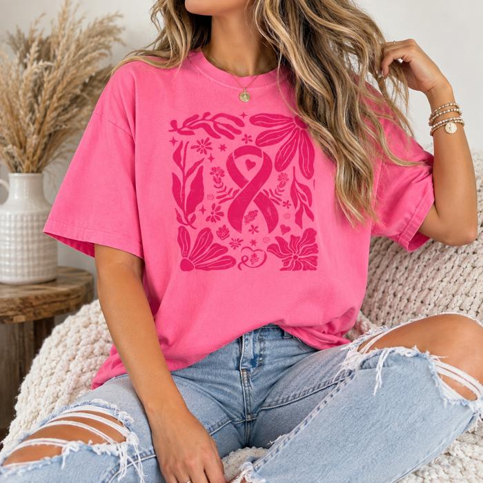 Breast Cancer Awareness Shirt, Pink Ribbon Comfort Colors Tee, Floral Breast Cancer Graphic Shirt, Pink October Support Tee