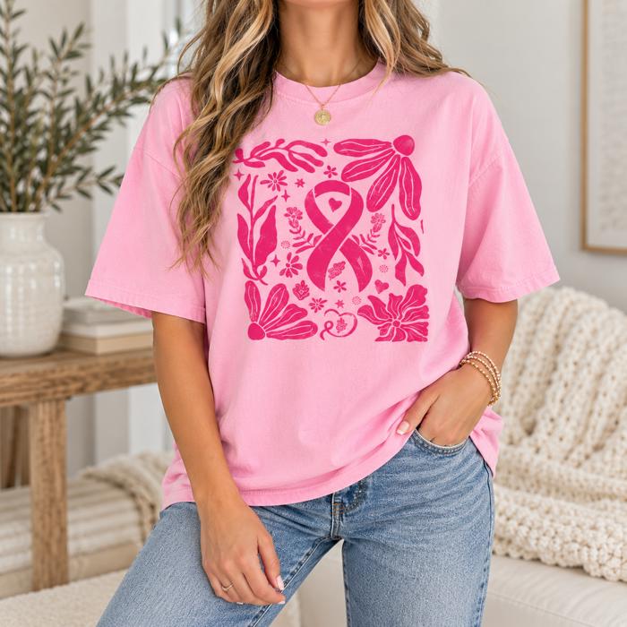 Breast Cancer Awareness Shirt, Pink Ribbon Comfort Colors Tee, Floral Breast Cancer Graphic Shirt, Pink October Support Tee