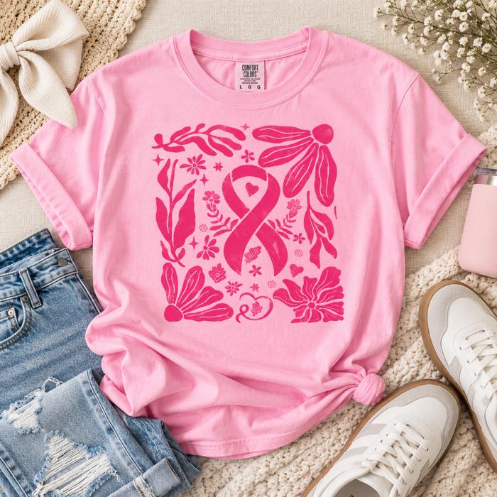 Breast Cancer Awareness Shirt, Pink Ribbon Comfort Colors Tee, Floral Breast Cancer Graphic Shirt, Pink October Support Tee