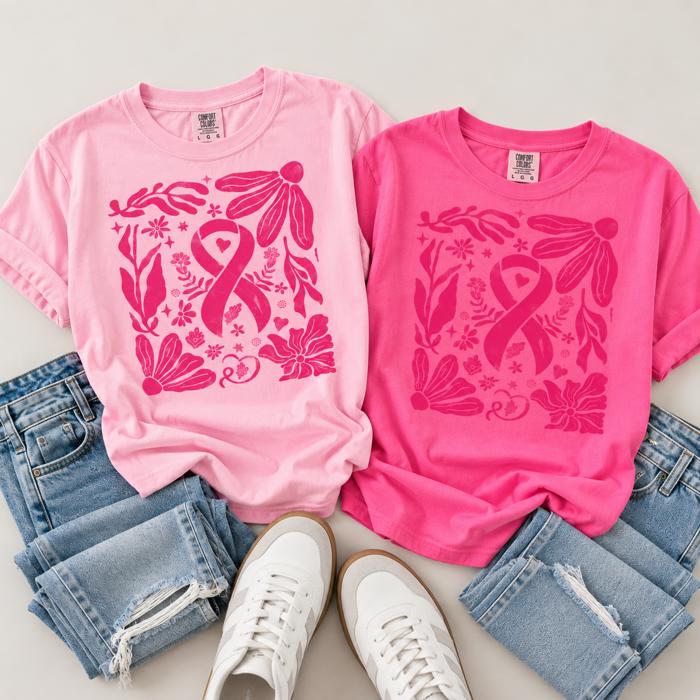 Breast Cancer Awareness Shirt, Pink Ribbon Comfort Colors Tee, Floral Breast Cancer Graphic Shirt, Pink October Support Tee