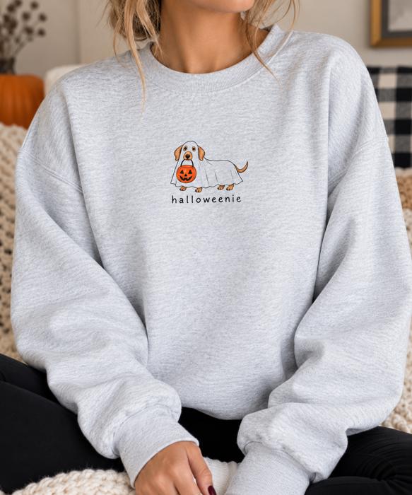Halloween Dachshund Sweatshirt, Halloweenie Weenie Dog Shirt, Cute Ghost Dog Sweatshirt, Dog Mom Halloween Crewneck, Fall Sweatshirt