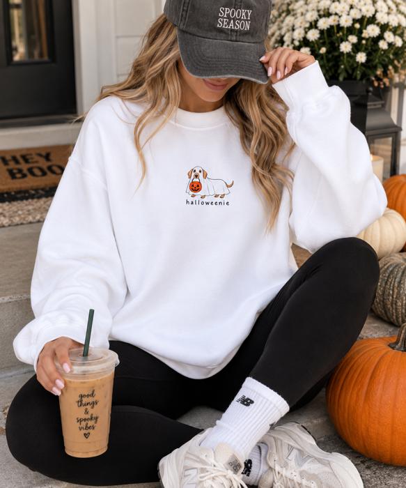Halloween Dachshund Sweatshirt, Halloweenie Weenie Dog Shirt, Cute Ghost Dog Sweatshirt, Dog Mom Halloween Crewneck, Fall Sweatshirt