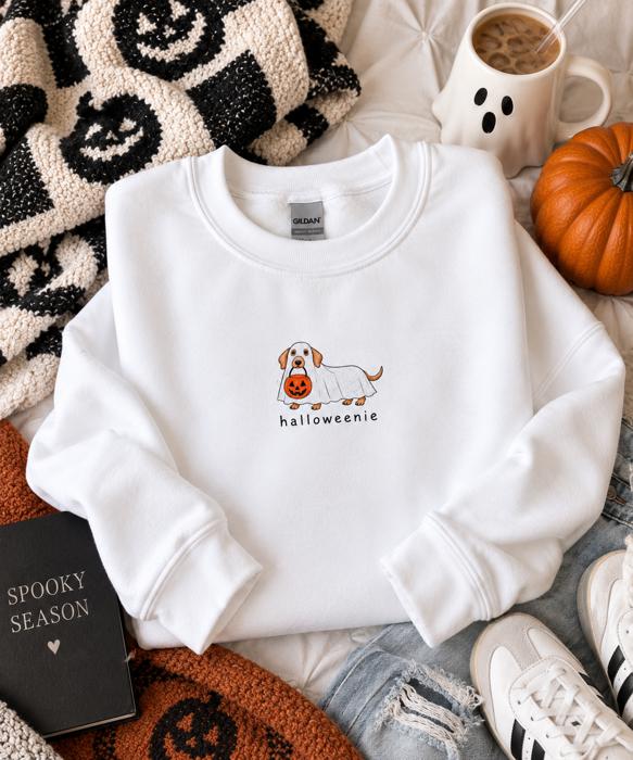 Halloween Dachshund Sweatshirt, Halloweenie Weenie Dog Shirt, Cute Ghost Dog Sweatshirt, Dog Mom Halloween Crewneck, Fall Sweatshirt
