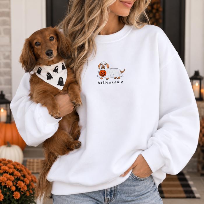 Halloween Dachshund Sweatshirt, Halloweenie Weenie Dog Shirt, Cute Ghost Dog Sweatshirt, Dog Mom Halloween Crewneck, Fall Sweatshirt