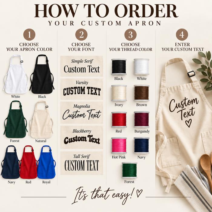 Personalized Embroidered Apron, Custom Name Apron, Custom Text Cooking Apron, Gift for Mom Grandma Dad, Baking Kitchen BBQ Gift  Description