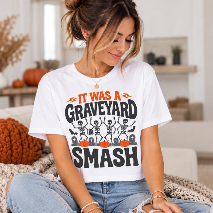 Graveyard Smash Halloween Crop Tee, Bella Canvas Crop, Retro Skeleton Halloween Shirt, Dancing Skeleton Graphic Tee, Spooky Season Top