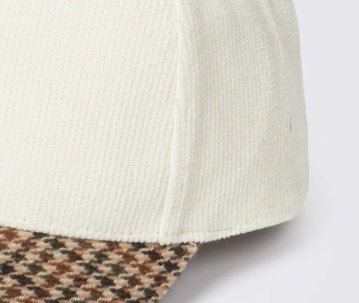 Homebody Embroidered 5 Panel Corduroy Baseball Cap with Plaid Brim