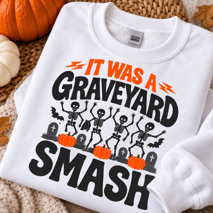 Graveyard Smash Halloween Sweatshirt, Dancing Skeleton Crewneck, Gildan Halloween Shirt,  Retro Spooky Season Sweatshirt