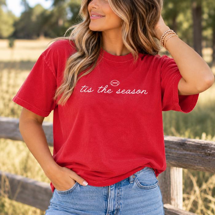 Tis the Season Embroidered Football Shirt, Comfort Colors  Tee, Game Day Shirt, Football Season Tee,  Fall Football Shirt, Sports Mom Gift