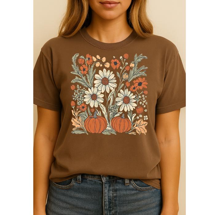 Floral Pumpkin Oversized Graphic Tee, Color Comfort Tee