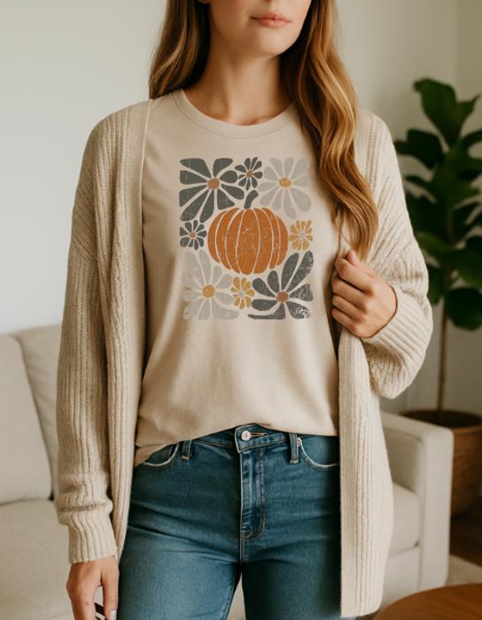 Abstract Floral Pumpkin Graphic Tee, Fall Shirt