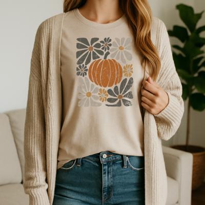 Abstract Floral Pumpkin Graphic Tee, Fall Shirt