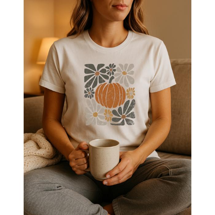 Abstract Floral Pumpkin Graphic Tee, Fall Shirt
