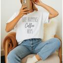 Small White Life Happens Coffee Helps Graphic Tee, Comfort Color Shirt