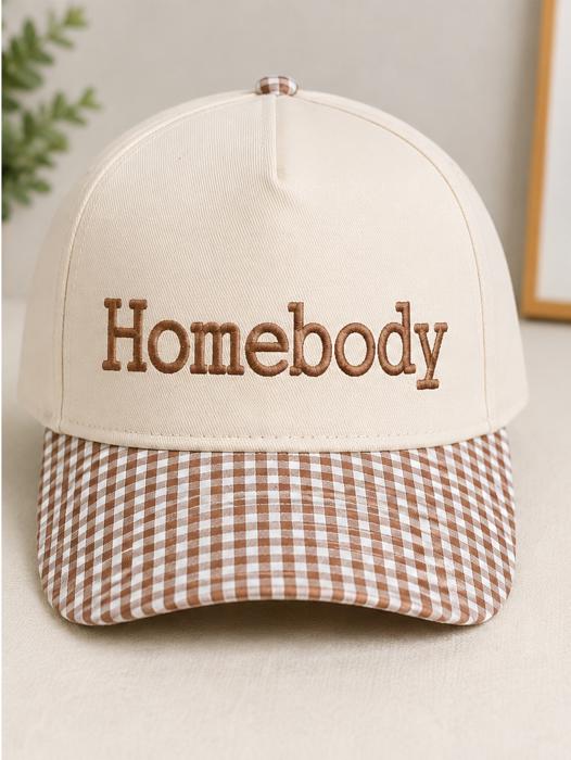 Homebody Embroidered Baseball Cap, Gingham Print Brim, Snapback