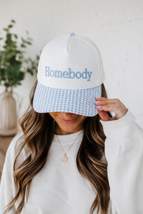 Homebody Embroidered Baseball Cap, Gingham Print Brim, Snapback