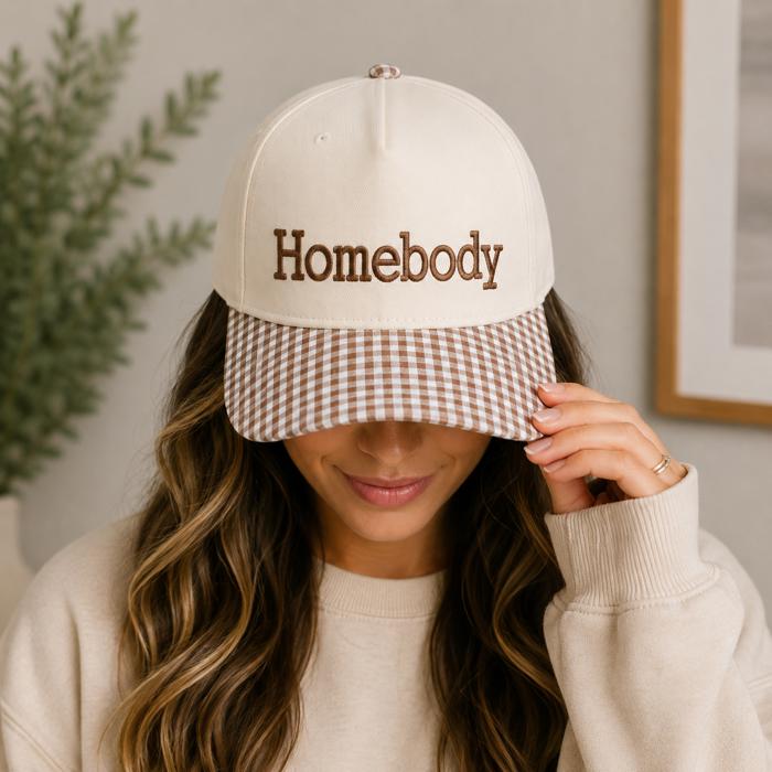 Homebody Embroidered Baseball Cap, Gingham Print Brim, Snapback