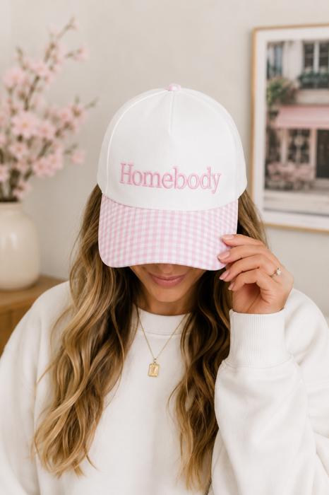 Homebody Embroidered Baseball Cap, Gingham Print Brim, Snapback