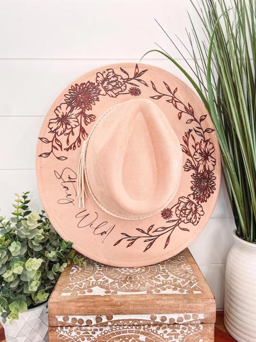 Floral burned hat - triple flower design, Burned Hat, Floral Engraved Cowboy Hat, Sunflower Hat, Sunflower Burned Fedora, Engraved Suede Hat