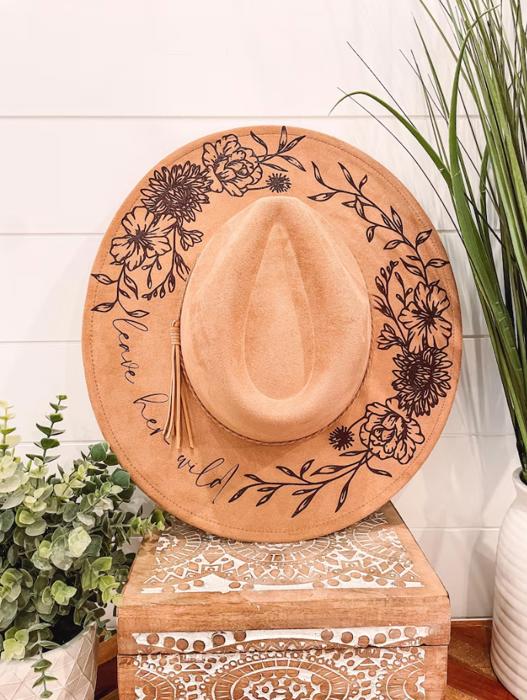Floral burned hat - triple flower design, Burned Hat, Floral Engraved Cowboy Hat, Sunflower Hat, Sunflower Burned Fedora, Engraved Suede Hat