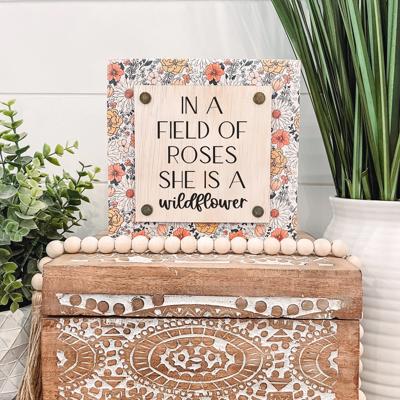 In a Field of Roses She is a Wildflower Wooden Sign2, Unique Wall Decor, Rattan Wall Hanging, Girls Bedroom Sign, Nursery Sign