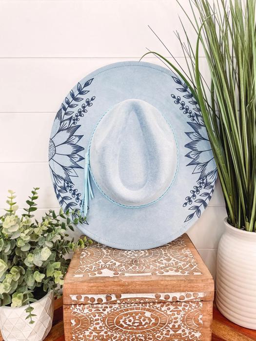 Sunflower Burned Hat, Floral Engraved Cowboy Hat, Sunflower Hat, Sunflower Burned Fedora, Engraved Suede Hat, Boho Hat, Vegan Suede