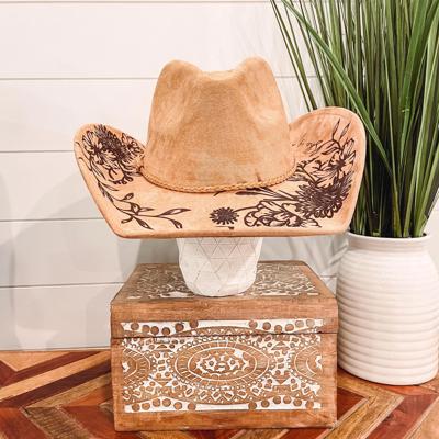 Floral Burned Cowboy Hat, Floral Engraved Cowboy Hat, Sunflower Hat, Sunflower Burned Fedora, Engraved Suede Hat, Boho Hat, Vegan Suede