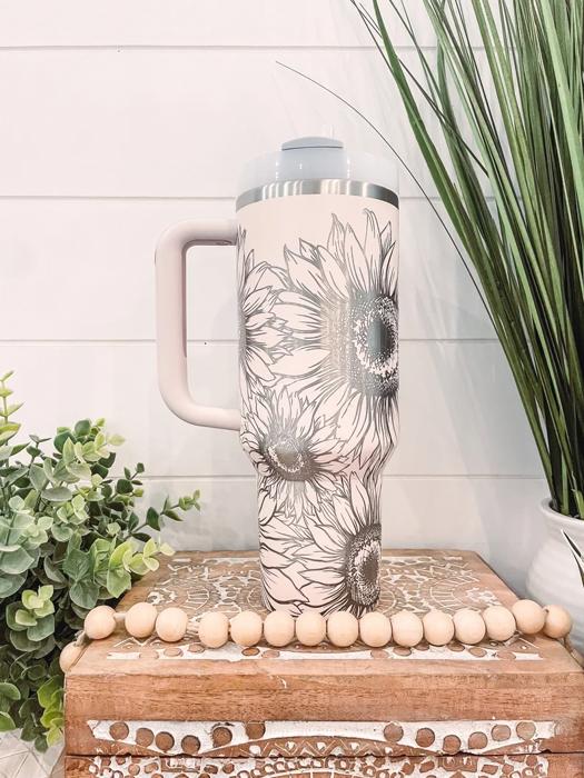 Sunflower Tumbler 40oz, Sunflower Travel Mug, Engraved Tumbler, Engraved Mug, Floral Tumbler, Full Wrap Tumbler, Copper and Cream Cup