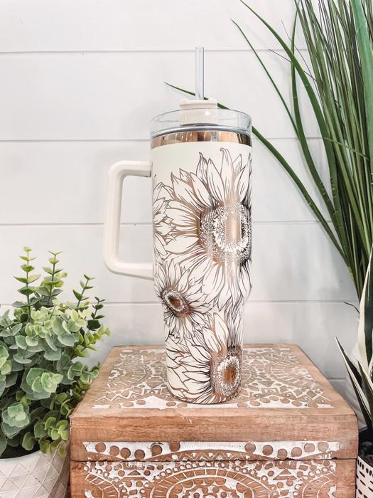 Sunflower Tumbler 40oz, Sunflower Travel Mug, Engraved Tumbler, Engraved Mug, Floral Tumbler, Full Wrap Tumbler, Copper and Cream Cup