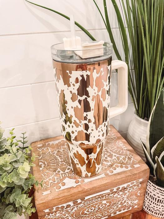 Cow Print Tumbler 40oz, Cow Print Travel Mug, Engraved Tumbler, Engraved Mug, Floral Tumbler, Full Wrap Tumbler, Cow Print Cup