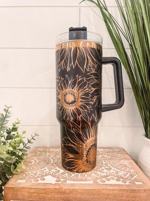 Sunflower Tumbler 40oz, Sunflower Travel Mug, Engraved Tumbler, Engraved Mug, Floral Tumbler, Full Wrap Tumbler, Copper and Cream Cup