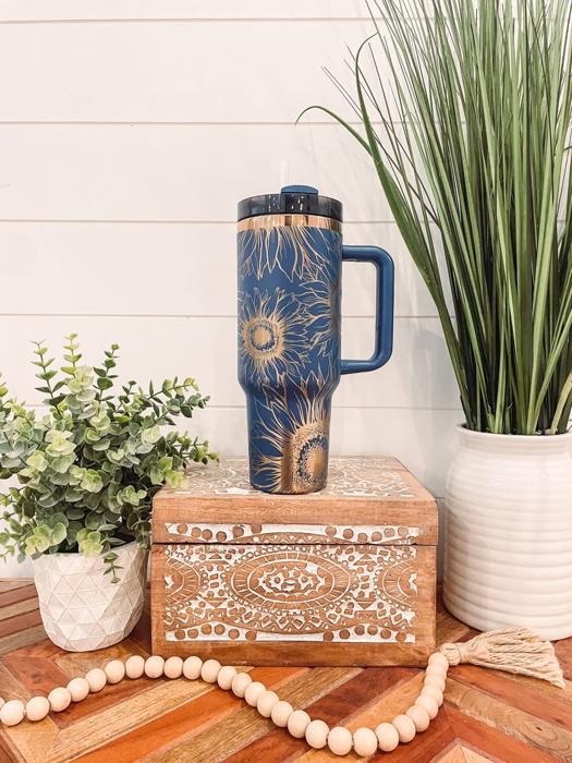 Sunflower Tumbler 40oz, Sunflower Travel Mug, Engraved Tumbler, Engraved Mug, Floral Tumbler, Full Wrap Tumbler, Copper and Cream Cup