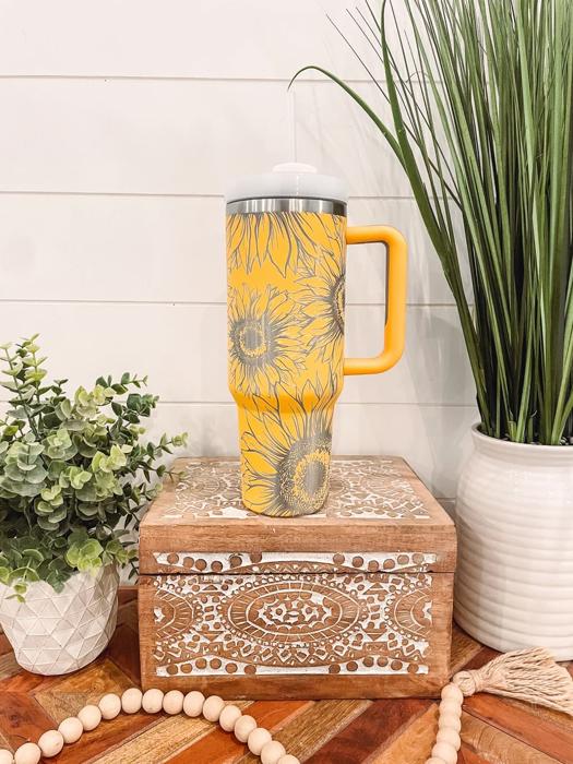 Sunflower Tumbler 40oz, Sunflower Travel Mug, Engraved Tumbler, Engraved Mug, Floral Tumbler, Full Wrap Tumbler, Copper and Cream Cup