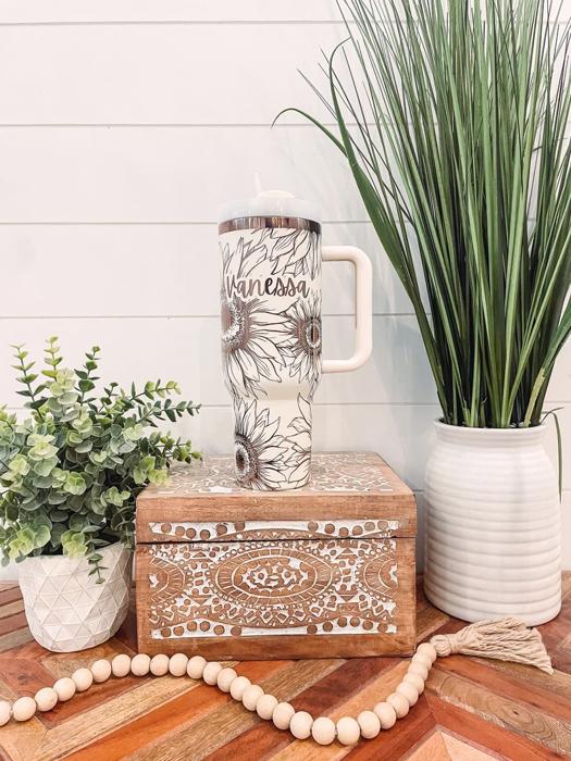 Sunflower Tumbler 40oz, Sunflower Travel Mug, Engraved Tumbler, Engraved Mug, Floral Tumbler, Full Wrap Tumbler, Copper and Cream Cup