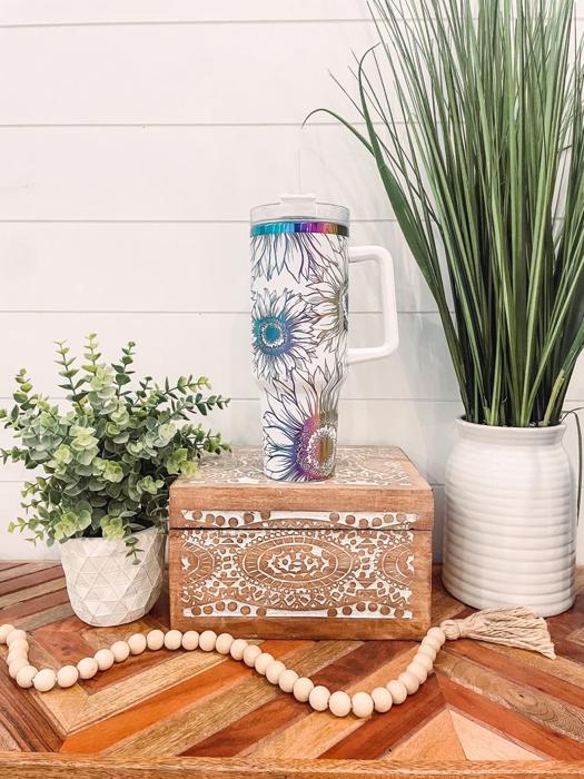Sunflower Tumbler 40oz, Sunflower Travel Mug, Engraved Tumbler, Engraved Mug, Floral Tumbler, Full Wrap Tumbler, Copper and Cream Cup