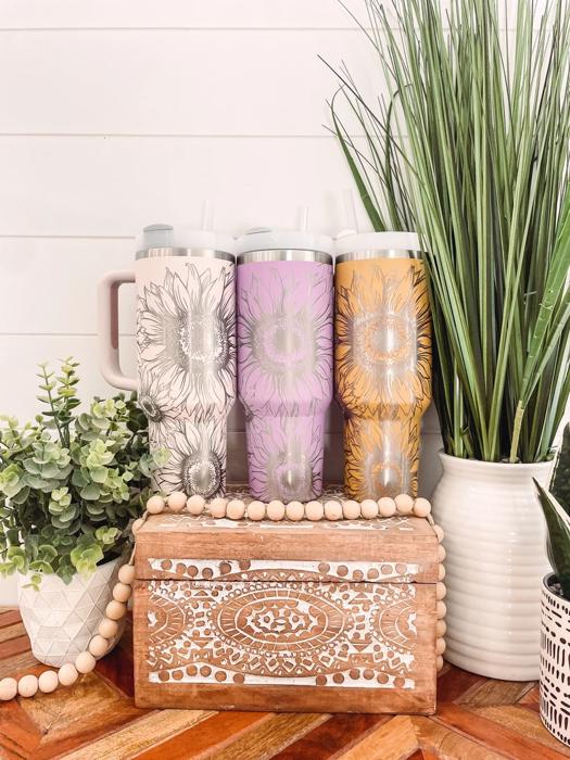 Sunflower Tumbler 40oz, Sunflower Travel Mug, Engraved Tumbler, Engraved Mug, Floral Tumbler, Full Wrap Tumbler, Copper and Cream Cup