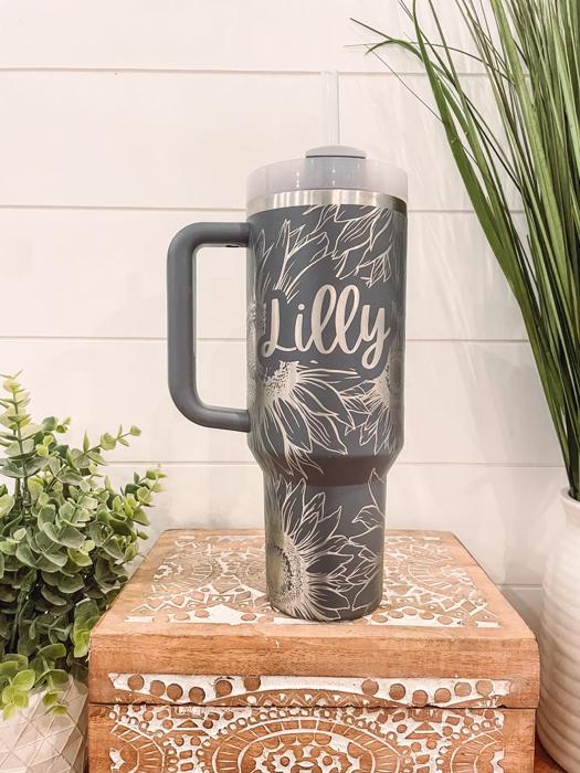 Sunflower Tumbler 40oz, Sunflower Travel Mug, Engraved Tumbler, Engraved Mug, Floral Tumbler, Full Wrap Tumbler, Copper and Cream Cup