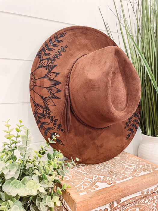 Sunflower Burned Hat, Floral Engraved Cowboy Hat, Sunflower Hat, Sunflower Burned Fedora, Engraved Suede Hat, Boho Hat, Vegan Suede