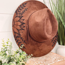  Sunflower Burned Hat, Floral Engraved Cowboy Hat, Sunflower Hat, Sunflower Burned Fedora, Engraved Suede Hat, Boho Hat, Vegan Suede