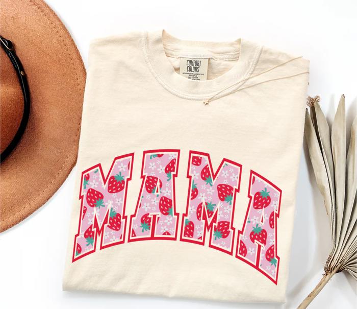 MAMA Varsity Tee — Strawberry-Patterned Letters on Ivory Comfort Colors -Unisex & Cropped