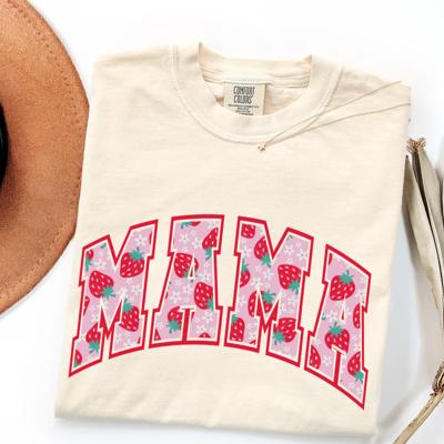 MAMA Varsity Tee — Strawberry-Patterned Letters on Ivory Comfort Colors -Unisex & Cropped