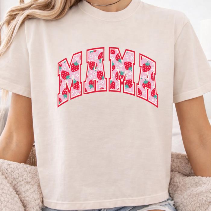 MAMA Varsity Tee — Strawberry-Patterned Letters on Ivory Comfort Colors -Unisex & Cropped