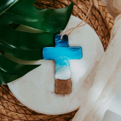 Cross Christmas Ornament, Handmade Coastal Beach Decor, Real Sand Art Gift for Faith Keepsake