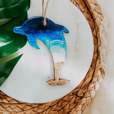 Dolphin Christmas Ornament, Handmade Coastal Beach Decor, Real Sand Art Gift for Ocean Lovers