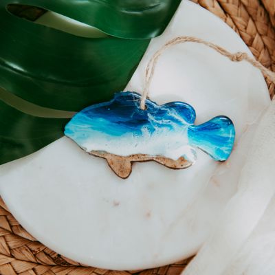 Fish Christmas Ornament, Handmade Coastal Beach Decor, Real Sand Art Gift for Anglers