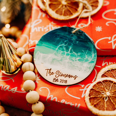 Personalized Beach Christmas Ornament, Engagement Gift, New Last Name Ornaments