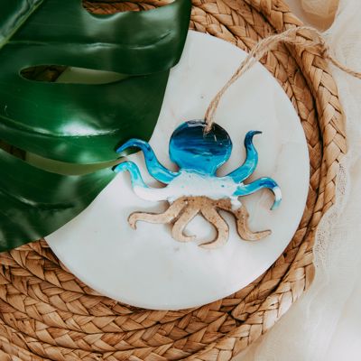 Octopus Christmas Ornament, Handmade Coastal Beach Decor, Real Sand Art Gift for Ocean Lovers