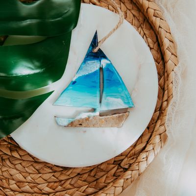 Sailboat Christmas Ornament, Handmade Coastal Beach Decor, Real Sand Art Gift for Sailors
