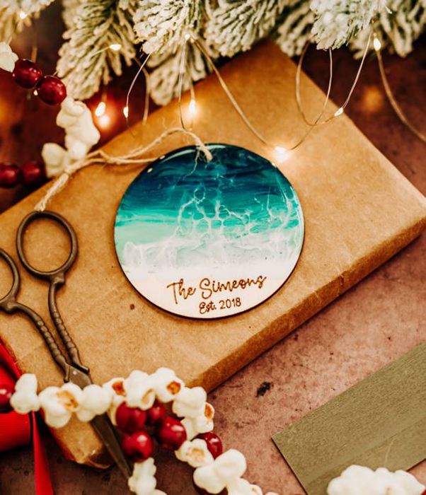 Personalized Beach Christmas Ornament, Engagement Gift, New Last Name Ornaments